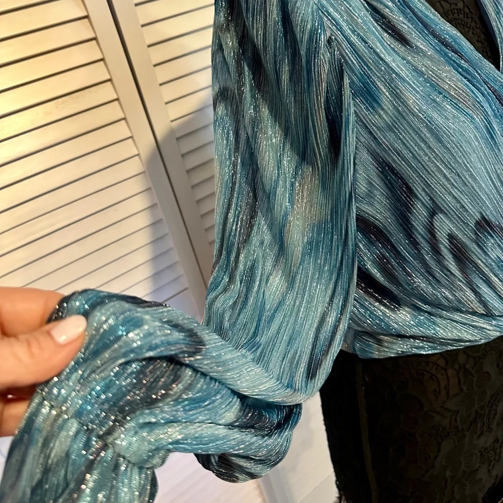 Ramy Brook Metallic Blue Wrap Blouse w/ Tie Waist - Picture 4 of 8